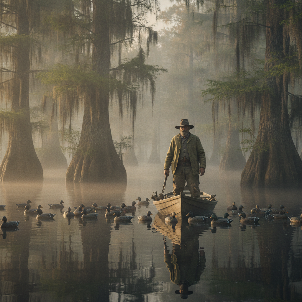 Market hunter in a wooden skiff among decoys in a cypress swamp, 1890s